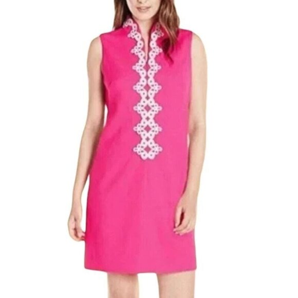 Vince Camuto Swirl Applique Sheath Dress Hot Pink Trendy Split Neck Size14 NWT $ - Picture 1 of 6